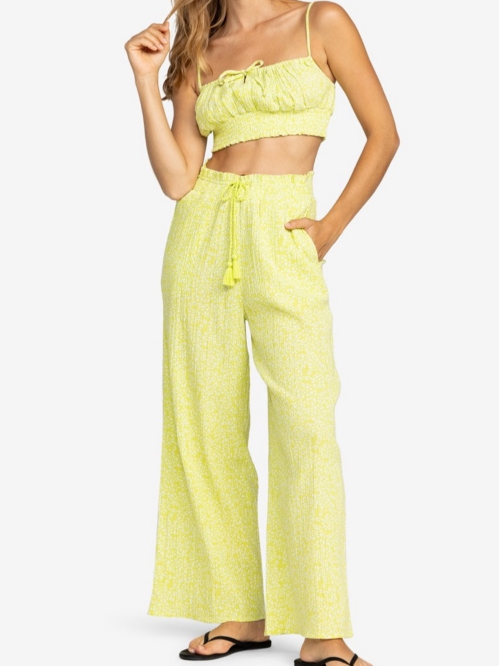 NEW Roxy Set Womens Yellow Green Smocked Crop Top Wide Leg Pants Beach Size S